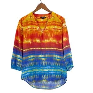 JOHN MARK Tunic Top Shirt 100% Silk 3/4 Sleeve Hi Low Boho Blouse